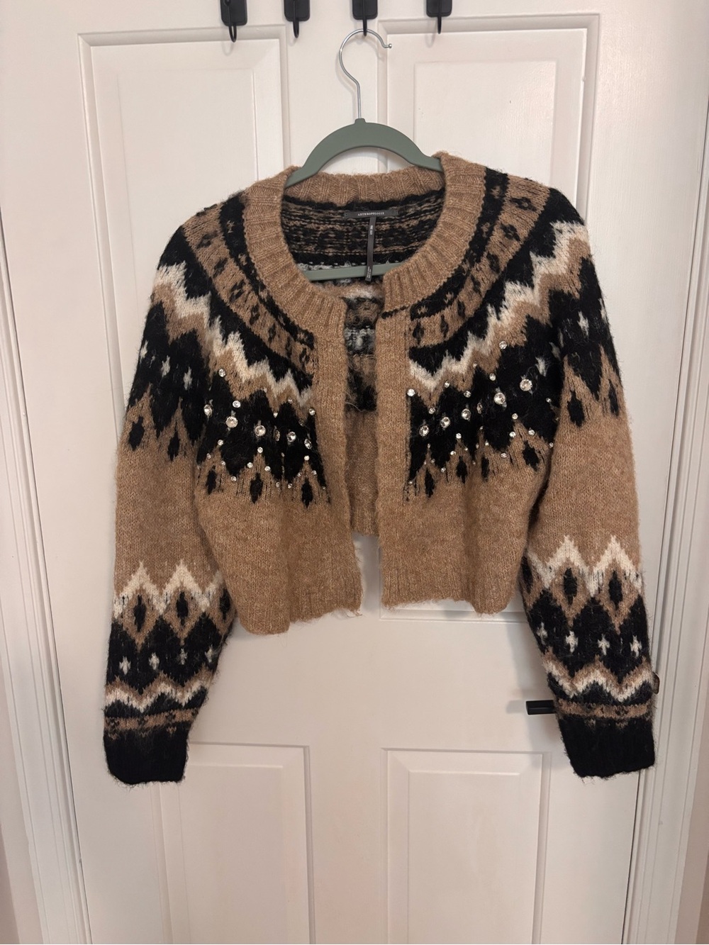 Anthropologie Camel Black White Patterned Cropped Cardigan with Sequins